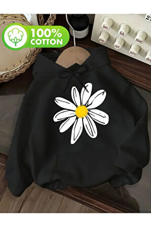 Papatya Baskı Detaylı İçi Polarlı Kapüşonlu Sweatshirt