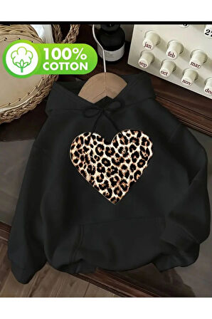 Leopar Kalp Baskı Detaylı İçi Polarlı Kapüşonlu Sweatshirt