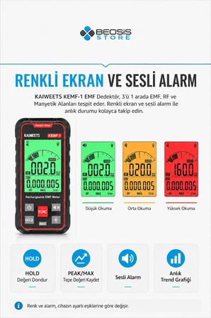 Profesyonel 3'ü 1 Arada EMF ve Radyasyon Ölçer – EF, MF, RF/Wi‑Fi Dedektörü