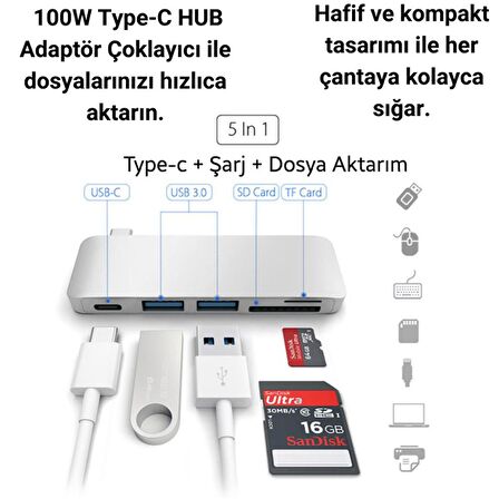 Coofbe 5in1 100W  Type-C Dönüştürücü Çevirici Hub Type-C Usb Tf Sd Kart Dosya Aktarımı Type C To Usb