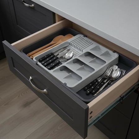 Çekmece İçi Sürgülü Çatal Kaşık ve Bıçaklık Organizeri - Genişleyebilir Modüler Mutfak Düzenleyici (Açık 55 cm, Kapalı 34 cm) - Açık Gri ve Antrasit Renk