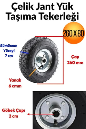 260 x 80 Mm Çelik Jant Tekerlek Siboplu Bilyeli Rulmanlı Havalı Dublex El Arabası Yük Taşıma Tekeri İskele Tekeri Taşıma Arabası Tekeri