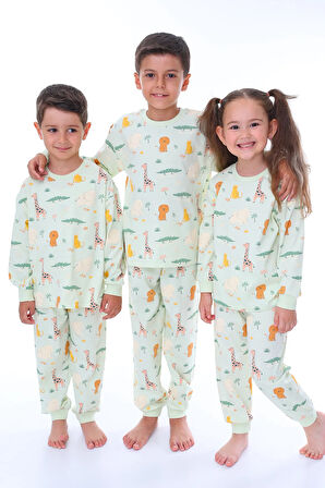 Animaux Desenli %100 Pamuk Unisex Çocuk Pijama Takımı