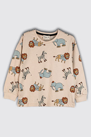 Sevimli Animal (Aslan-Zebra-Fil) Desenli %100 Pamuk Çocuk Pijama Takımı