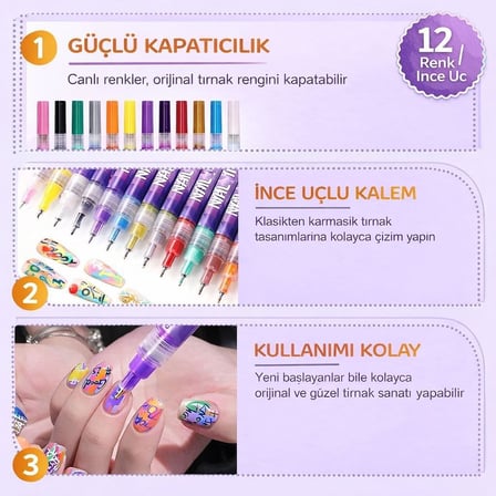 RIVANO 12 Renk Oje Sanatı Kalemi Seti, Su Bazlı Hızlı Kuruyan Tırnak Art Kalemi, Çocuklar ve Yetişkinler İçin Kolay Tırnak Boyama ve Nail Art Tasarım Seti