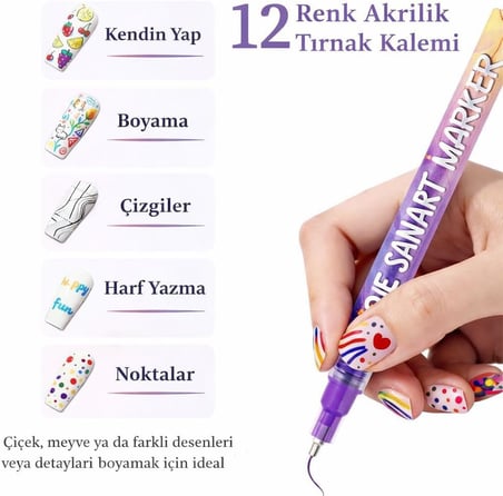 RIVANO 12 Renk Oje Sanatı Kalemi Seti, Su Bazlı Hızlı Kuruyan Tırnak Art Kalemi, Çocuklar ve Yetişkinler İçin Kolay Tırnak Boyama ve Nail Art Tasarım Seti