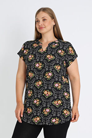Siyah Büyük Beden Pamuklu Çiçek Desenli Pamuklu Bluz