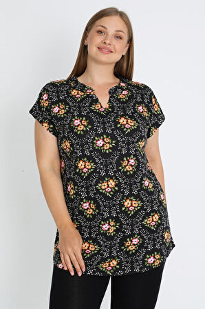 Siyah Büyük Beden Pamuklu Çiçek Desenli Pamuklu Bluz