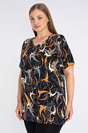 Siyah Desenli Kısa Kollu Pamuklu Kadın Büyük Beden T-Shirt