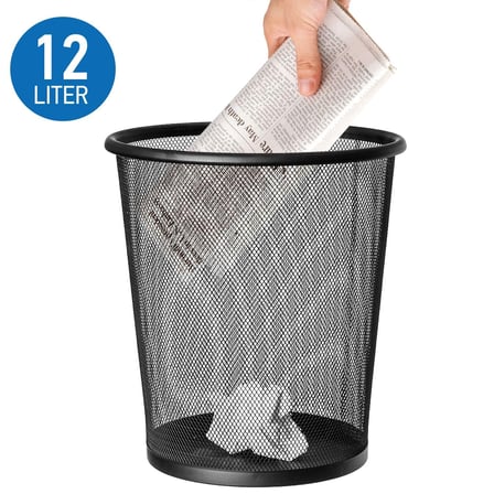 Mesh | 699768 | Kağıt Sepeti File Çöp Kovası Siyah Ofis | Çelik, Siyah | 12 L Kapasite | 26,5 x 29,5 cm