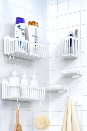 Banyor 6'Lı Banyo Seti Yapışkanlı Banyo Düzenleyici Şampuanlık Diş Fırçalık Sabunluk Askılık Takımı Beyaz