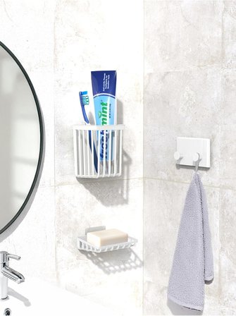 Banyor 6'Lı Banyo Seti Yapışkanlı Banyo Düzenleyici Şampuanlık Diş Fırçalık Sabunluk Askılık Takımı Beyaz
