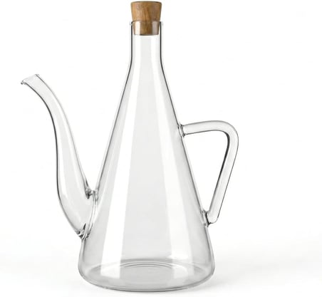 Deconox 500 ml Akasya Ahşap Kapaklı Borosilikat Cam Yağlık ve Sirkelik - Düz ve Çizgili Desen Seçenekleriyle Şık Konik Tasarımlı Cam Kulplu Damlatmaz Mutfak Gereci (DÜZ)