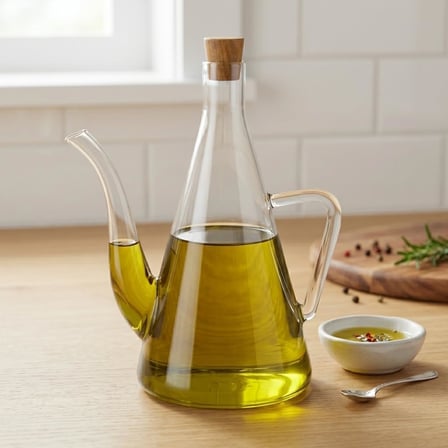 Deconox 500 ml Akasya Ahşap Kapaklı Borosilikat Cam Yağlık ve Sirkelik - Düz ve Çizgili Desen Seçenekleriyle Şık Konik Tasarımlı Cam Kulplu Damlatmaz Mutfak Gereci (DÜZ)