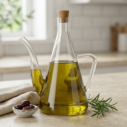 Deconox 500 ml Akasya Ahşap Kapaklı Borosilikat Cam Yağlık ve Sirkelik - Düz ve Çizgili Desen Seçenekleriyle Şık Konik Tasarımlı Cam Kulplu Damlatmaz Mutfak Gereci (DÜZ)