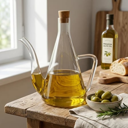 Deconox 500 ml Akasya Ahşap Kapaklı Borosilikat Cam Yağlık ve Sirkelik - Düz ve Çizgili Desen Seçenekleriyle Şık Konik Tasarımlı Cam Kulplu Damlatmaz Mutfak Gereci (DÜZ)