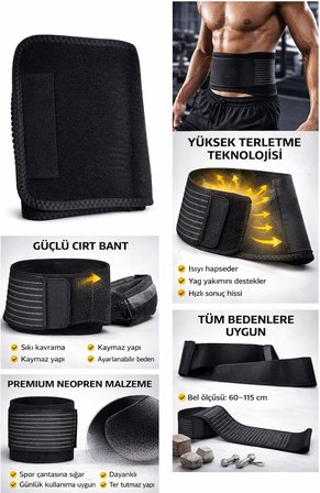 Termal Sauna Kemer, Neopren Malzeme, Bel ve Göbek Eritme, Ayarlanabilir Beden, 60-115 cm, Siyah