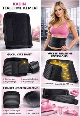 Termal Sauna Kemer, Neopren Malzeme, Bel ve Göbek Eritme, Ayarlanabilir Beden, 60-115 cm, Siyah