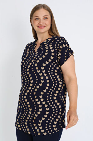 Lacivert Kısa Kollu Desenli Kısa Kollu V Yaka Pamuklu Büyük Beden Bluz
