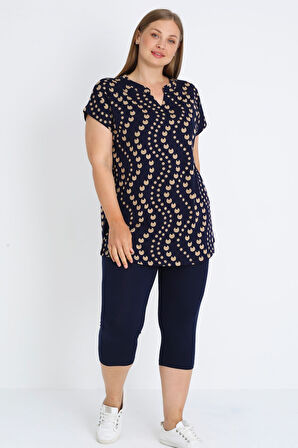 Lacivert Kısa Kollu Desenli Kısa Kollu V Yaka Pamuklu Büyük Beden Bluz