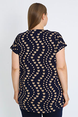 Lacivert Kısa Kollu Desenli Kısa Kollu V Yaka Pamuklu Büyük Beden Bluz