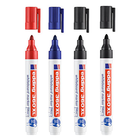Edding 360 XL Doldurulabilir Beyaz Yazı Tahtası Kalemi 2 Siyah 1 Kırmızı 1 Mavi 4 Lü Set