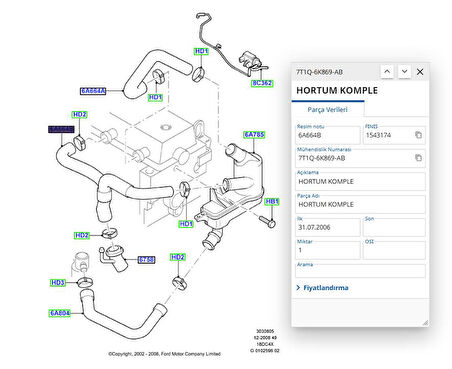 Yağ Buhar Hortumu ( Çatallı ) Connect 02  ( UCP 13H11451 - 7T1Q 6K869 AB )