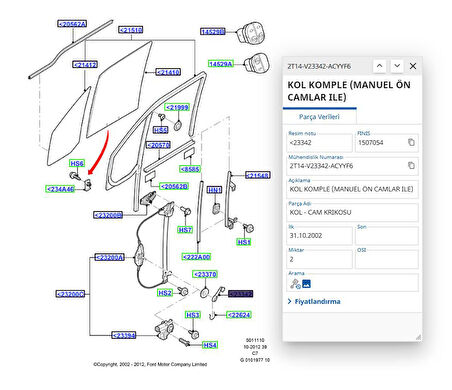 Cam Açma Kolu Arka Connect ( CAB 330809 - 93BB F23342 AD - 2T14 V23342 ACYYF6 )