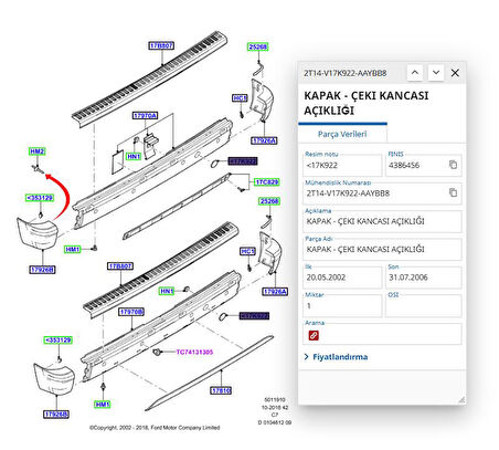 Arka Tampon Çeki Kapak ( 7T16 V17K922 BBM5AD - 2T14 V17K922 AAYBB8 )