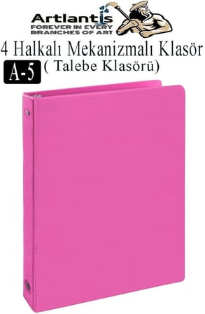 4 Halkalı Klasör 1 Adet A5 PVC Öğrenci ve Ofis Tipi Evrak Sunum Klasörü İç Cepli Otomatik Mekanizmalı Büro Okul Arşivle Pembe