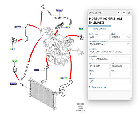 Radyatör Alt Hortum Focus Cmax 1.6 98  ( FSE11626021 - 98AB8B273AH )