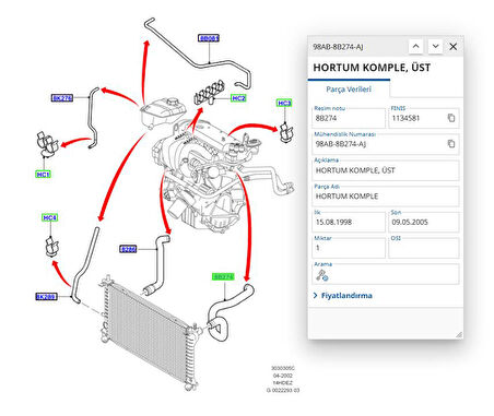 Radyatör Üst Hortumu Focus Zetec 98>04 ( FSE11626028 - 98AB8B274AJ )