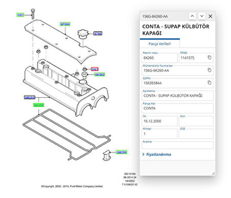 Üst Kapak Contası Kulaklı Focus Fiesta Cmax Fusion ( ELR389110 - YS4G6K260AA )