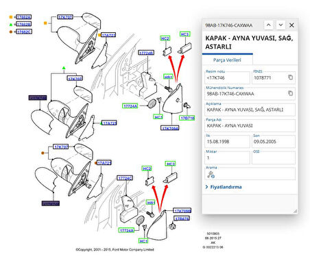 Dikiz Ayna Kapağı Sağ Focus Bm 98>04 ( TRL98AB17K746CY - 98AB17K746CAXWAA )