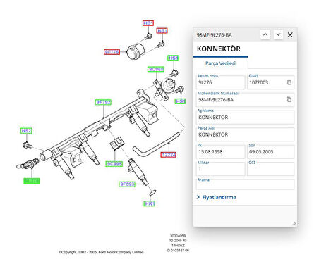 Enjeksiyon Benzin Dağıtıcı Borusu Rakor Focus Fiesta 98 ( 98MF9L276BA )