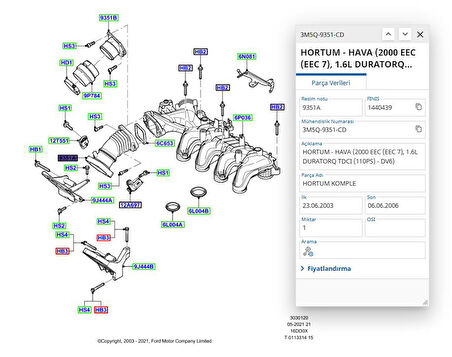 Turbo Hortum Komple C.Max Focus 110Ps 1.6 Tdcı 04 ( YTT Y9543 - 3M5Q 9351 CD )
