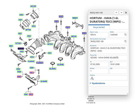 Turbo Hortum Komple C.Max Focus 110Ps 1.6 Tdcı 04 ( YTT Y9544 - 3M5Q 9351 EB )