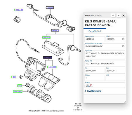 Bagaj Kilidi ( 4 Fişli ) Kablosuz Focus (  HMP8M51R442A66EC - 8M51R442A66ED )