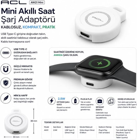 ACL AW21 Apple Watch için Kablosuz Şarj Cihazı | 2.5W USB-C Girişli, Çinko Alaşım Metal Gövdeli Mini Taşınabilir Şarj Adaptörü