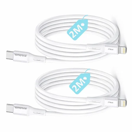 2 Adet x 2 Metre Kablo Seti, Type C-Lightning 27Watt PD Hızlı Şarj, Wahoo, Beyaz/Gümüş Metal