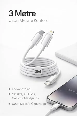 İPhone Uyumlu USB-C to Lightning Şarj ve Data Kablosu, Beyaz 3M