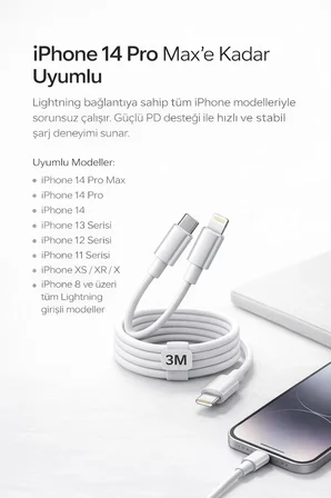 İPhone Uyumlu USB-C to Lightning Şarj ve Data Kablosu, Beyaz 3M
