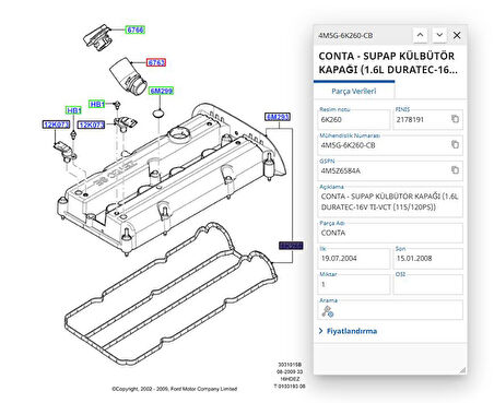 Üst Kapak Conta Focus C.Max 1.6 Zetec 115Ps ( ELR 010051 - 4M5G 6K260 CA )
