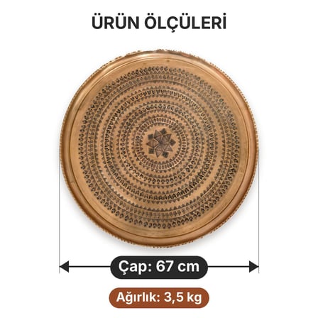 67 cm El İşlemeli Otantik Desenli Kalın Urfa Bakır Tepsi Baklava Yıldız ve Badem Motifli