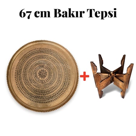 67 cm El İşlemeli Otantik Desenli Kalın Urfa Bakır Tepsi Petek Yıldız Göbekli + Katlanabilir Yer Sehpası