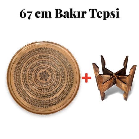 67 cm El İşlemeli Otantik Desenli Kalın Urfa Bakır Tepsi Baklava Yıldız ve Badem Motifli + Katlanabilir Yer Sehpası
