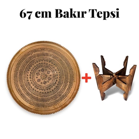 67 cm El İşlemeli Otantik Desenli Kalın Urfa Bakır Tepsi Çarkıfelek Göbekli + Katlanabilir Yer Sehpası
