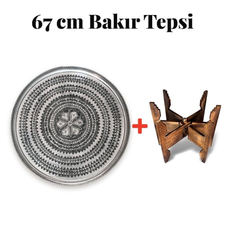 67 cm El İşlemeli Otantik Desenli Kalaylı Urfa Bakır Tepsi + Katlanabilir Yer Sehpası