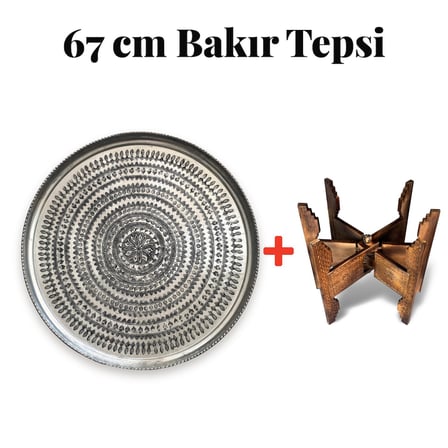 67 cm El İşlemeli Otantik Desenli Kalaylı Urfa Bakır Tepsi + Katlanabilir Yer Sehpası
