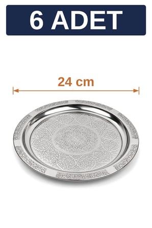 24 cm Otantik Desenli Krom Çelik Kebap, Izgara, Meze ve Servis Tabağı - 6 Adet